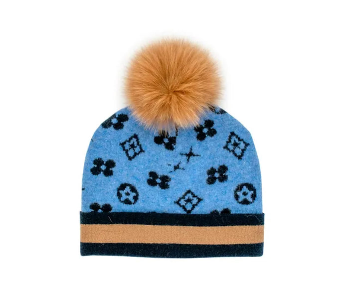 MMC104 Tuque en maille bleu et chameau avec motif monogramme et bordure Mitchie's HTIM90