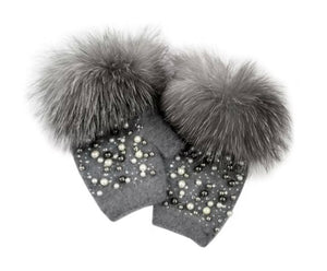 MMC186 Gants sans doigts gris avec perles et fourrure de renard GLKG28