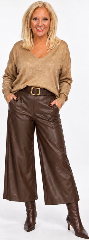 Ah26,156sept Pantalon brun en cuir végane à jambe très large