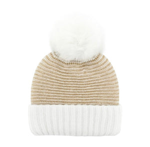 MMC200 TUQUE DORÉE CHUNKY AVEC LUREX ET POMPOMS EN FOURRURE DE RENARD HTA134