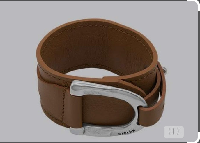 Bracelet Ciclon Métal Et Cuir Noir Plaqué Argent - Occasion
