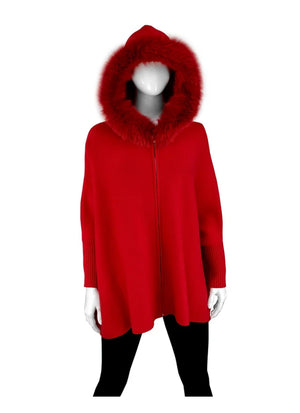 MMC110 Poncho rouge à fermeture éclair avec manches et capuchon avec fourrure de renard  Mitchie's POYU22
