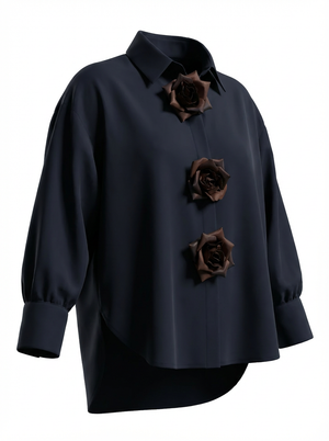 Pe26,2janv Chemisier noir coton avec broches en fleures brunes taille unique ,54 pouces de buste