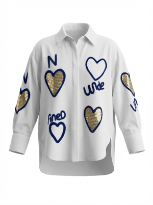 Pe26,4janv Chemisier blanc en coton avec imprimé cœur bleu et a paillettes dorées taille unique,52 pouces de buste