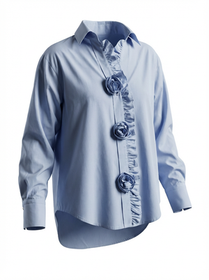 Pe26,9janv,Chemisier bleu avec fleurs en coton taille unique 44 pouces de buste