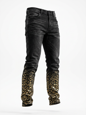 Pe26,101janv Jeans noir avec effet délavé et léopards doré