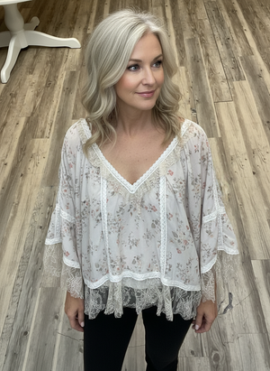 Pe26,22janv Haut beige fleurie avec dentelle taille oversize,62 pouces de buste