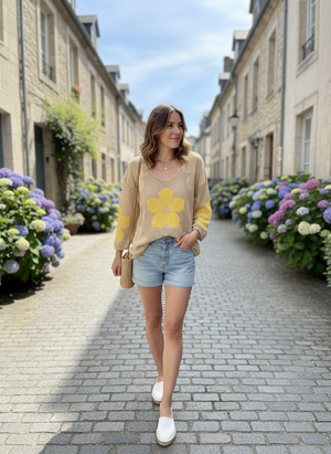 Pe26,44janv Haut mailles beige et marguerites jaunes