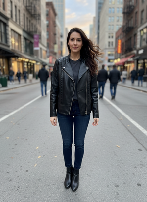Pe26,306janv Manteau de cuir synthétique avec studs et fermetures éclair sur les manches taille grand à très grand