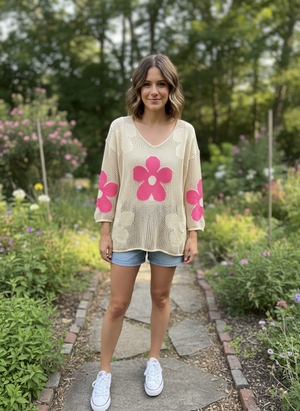 Pe26,2fev Haut beige avec marguerite rose