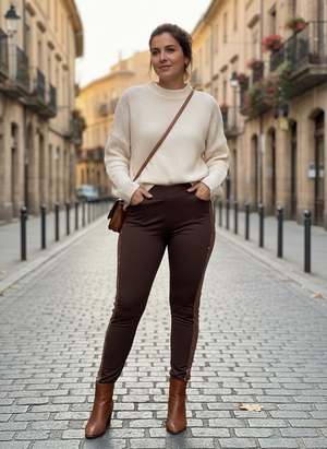 Pe26,103fev Pantalon brun avec bande sur les côtés en paillettes