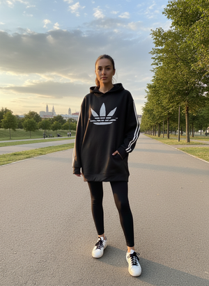 Pe26,7fev Hoodie noir avec bande blanche sur les manche coton francais