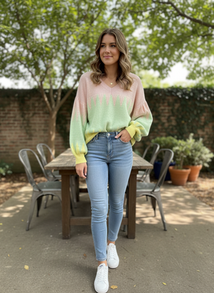 Pe26,16fev Haut rose,vert et jaune manches bouffantes 20 %de laine