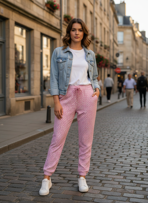 Pe26,115fev Pantalon rose avec losanges blanc