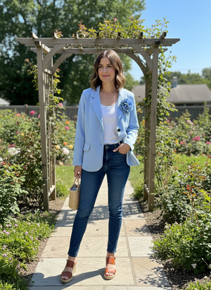 Pe26,310fev Veston bleu ciel avec fleur detachable