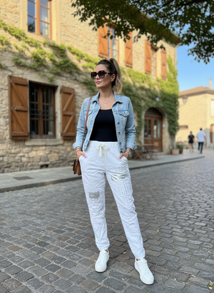 pe26,148fev Pantalon blanc extensible avec écriture, paillettes, cristaux