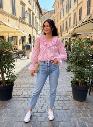 Pe26,66fev chemisier blanc à pois rose