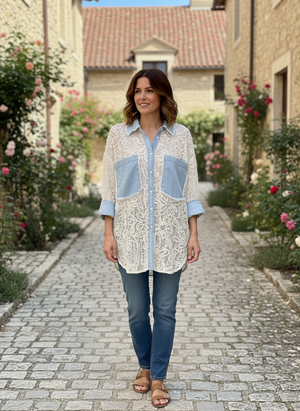 Pe26,3mars Chemisier en broderie beige et denim xx￼