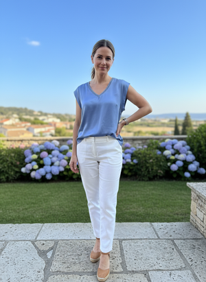 Pe26,6mars Haut bleu satiné Angela Mara