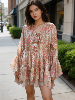 Pe26,200mars Robe tunique imprimé couleur pêche