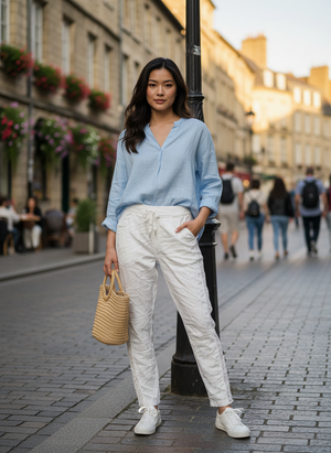 Pe25,140avril Pantalon blanc lustré avec bande sur les côtés et paillettes