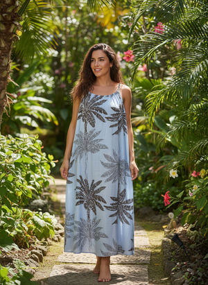 Pe26,201mars Robe bleu imprimée de palmiers Angela Mara