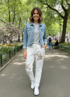 Pe26,133mars Pantalon blanc cassé avec étoiles dorées et studs
