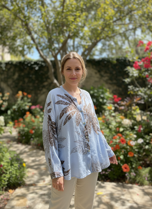 Pe26,45mars Chemisier bleu avec palmiers,Angela Mara