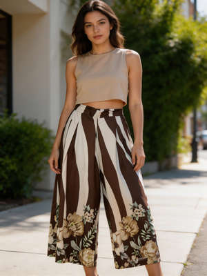 Pe26,104avril Pantalon gaucho beige et brun et fleuri au bas Angela Mara