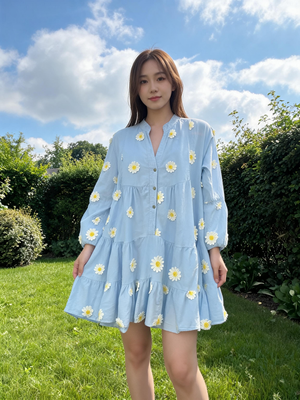 Pe26,200mai Robe tunique bleu avec marguerite