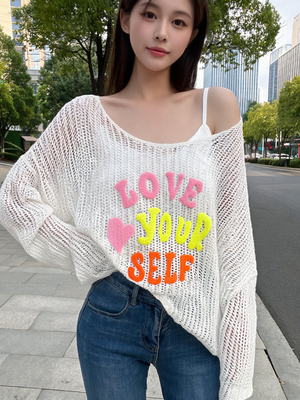 Pe26,2mai Haut en filet de coton blanc avec écriture love ,your ,self
