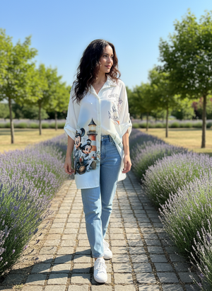 Pe26,10mai robe chemisier blanche avec imprimé Mickey