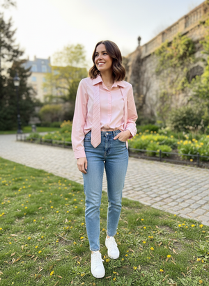 Pe26,14mai Chemisier rose en coton avec cravate