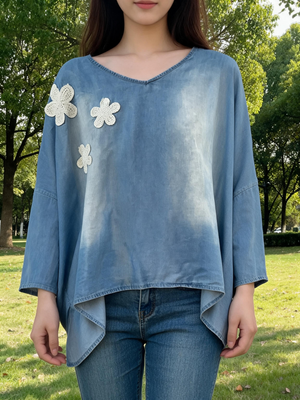 Pe26,19mai Tunique oversize en tencel avec marguerites en tricot