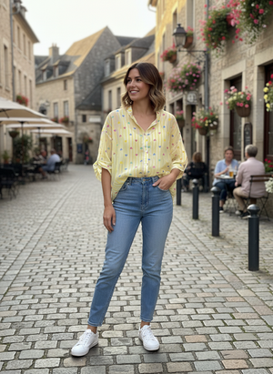 Pe26,22mai Chemisier jaune avec cœur multicolore