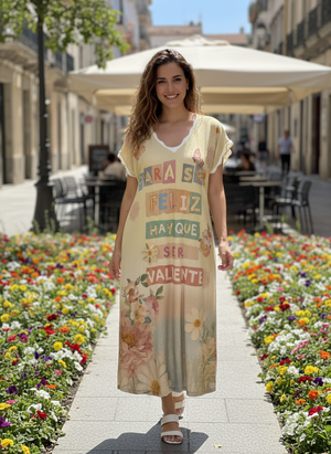 Pe26,206mai Robe longue doré fil métallique avec écriture colorées