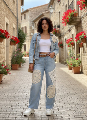 Pe26,112mai Jeans avec macramé beige et blanc