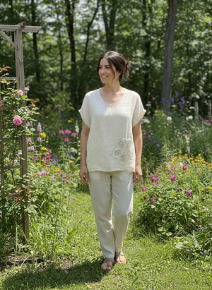 Pe26,53mai Haut beige avec 50% lin et 50% coton