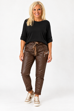 Ah26,120oct Pantalon brun en cuir végane cordon imprimé léopard