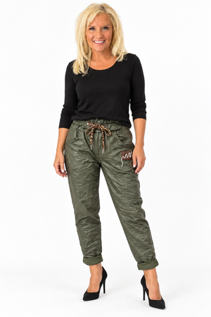 Ah26,121oct Pantalon kaki en cuir végane cordon à la taille imprimée léopard