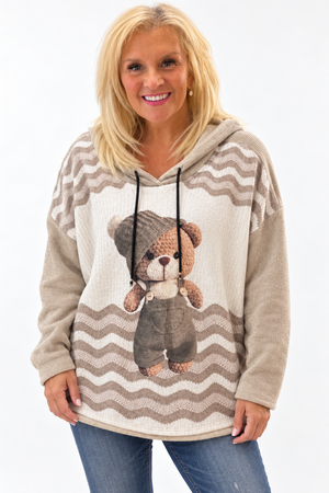 Ah26,22oct Hoodie beige et blanc cassé imprimé d un ourson