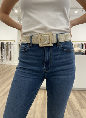 Ceinture élastique beige, crème et dorée avec boucle carré beige et dorée
