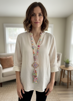 Collier Tom & Eva avec billes roses et fleur multicolor #13