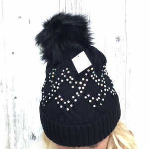 Tuque noir avec petites pierres multicolores et intérieur en peluche ,A21–#13206