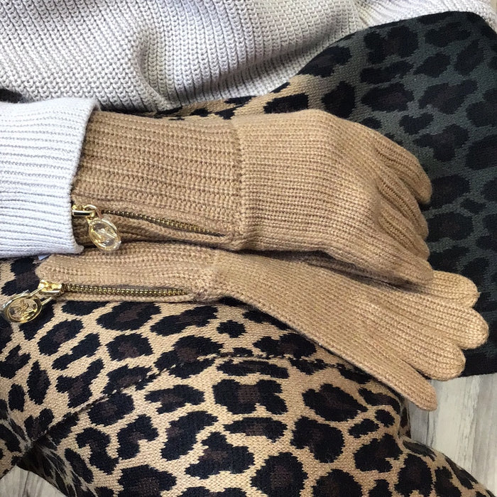 Gants tricot camel avec fermeture éclair doré Michael Kors A21-#539049